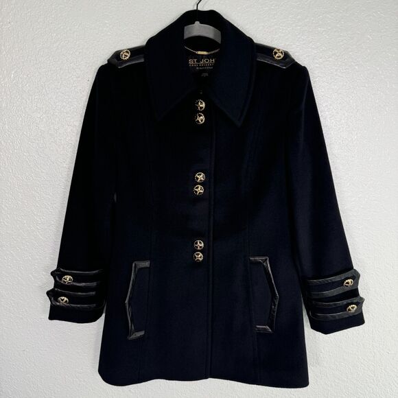St. John Jackets & Blazers - St John Coat Womens 2 Wool Cashmere Angora Peacoat Jacket Leather Trim Black